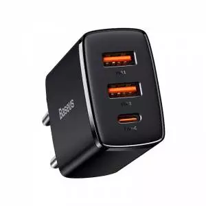 Ładowarka sieciowa Baseus Compact Quick Charger, 2xUSB, USB-C, PD, 3A, 30W czarna