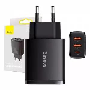 Ładowarka sieciowa Baseus Compact Quick Charger, 2xUSB, USB-C, PD, 3A, 30W czarna