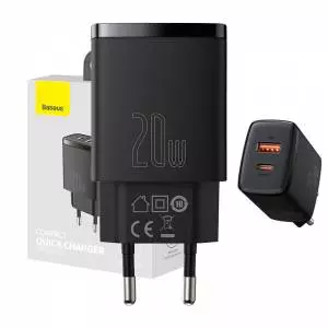 Ładowarka sieciowa Baseus Compact Quick Charger, USB, USB-C, 20W czarna