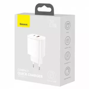 Ładowarka sieciowa Baseus Compact Quick Charger, USB, USB-C, 20W biała