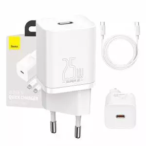 Ładowarka sieciowa Baseus Super Si Quick Charger 1C 25W z przewodem USB-C do USB-C 1m biała