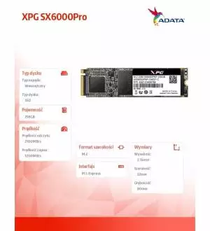 Dysk SSD Adata XPG SX6000Pro 256G PCIe 3x4 2.1/1.2 GB/s M2