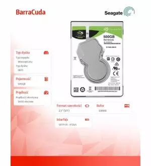 Dysk Segate BarraCuda HDD 500GB 2,5 128MB ST500LM030