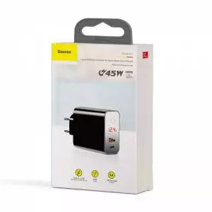 Szybka ładowarka sieciowa Baseus USB + USB-C 3.0 45W czarna