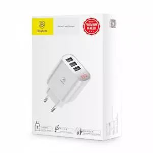 Ładowarka sieciowa z wyświetlaczem Baseus Mirror Travel 3x USB - biała