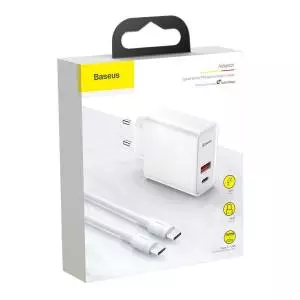 Ładowarka sieciowa Baseus USB+USB-C 30W + kabel USB-C do USB-C 1m (biała)