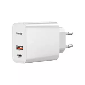 Ładowarka sieciowa Baseus USB+USB-C 30W + kabel USB-C do USB-C 1m (biała)