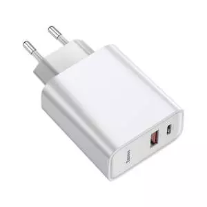 Ładowarka sieciowa Baseus USB+USB-C 30W + kabel USB-C do USB-C 1m (biała)