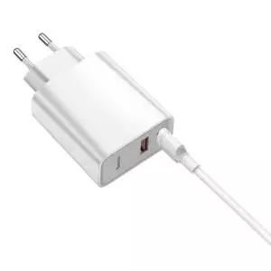 Ładowarka sieciowa Baseus USB+USB-C 30W + kabel USB-C do USB-C 1m (biała)