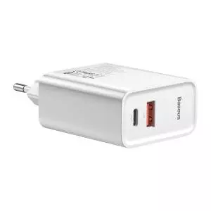 Ładowarka sieciowa Baseus USB+USB-C 30W + kabel USB-C do USB-C 1m (biała)