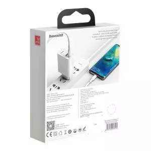 Ładowarka sieciowa Baseus USB+USB-C 30W + kabel USB-C do USB-C 1m (biała)