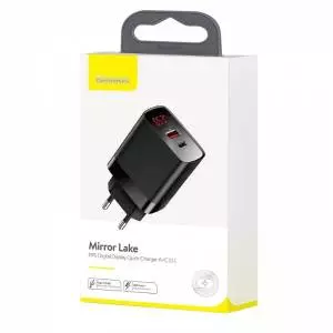 Ładowarka sieciowa Baseus Mirror Lake z wyświetlaczem USB + USB-C, QC 3.0, PD 18W czarna