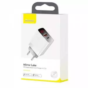 Ładowarka sieciowa Baseus Mirror Lake z wyświetlaczem USB + USB-C, QC 3.0, PD 18W biała