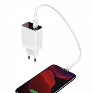 Ładowarka sieciowa Baseus Mirror Lake z wyświetlaczem USB + USB-C, QC 3.0, PD 18W biała