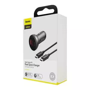 Ładowarka samochodowa Baseus Digital Display + kabel USB-C, USB + USB-C QC3.0 45W 3A czarna