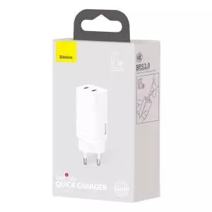 Ładowarka sieciowa Baseus GaN Lite, 2x USB-C, 65W, EU (biała)