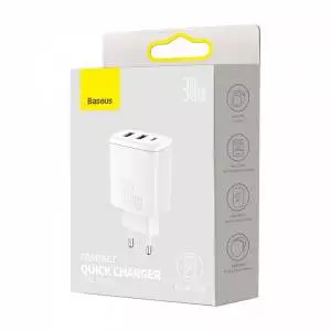 Ładowarka sieciowa Baseus Compact Quick Charger, 2xUSB, USB-C, PD, 3A, 30W biała