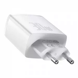 Ładowarka sieciowa Baseus Compact Quick Charger, 2xUSB, USB-C, PD, 3A, 30W biała