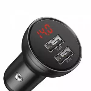 Ładowarka samochodowa Baseus, wyświetlacz, 2x USB, 4,8A, 24W, szara