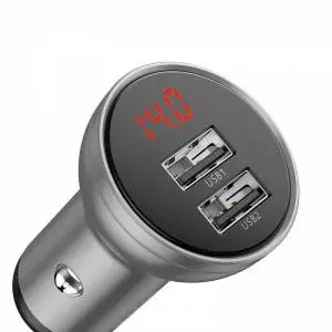 Ładowarka samochodowa Baseus, wyświetlacz, 2x USB, 4,8A, 24W, srebrna